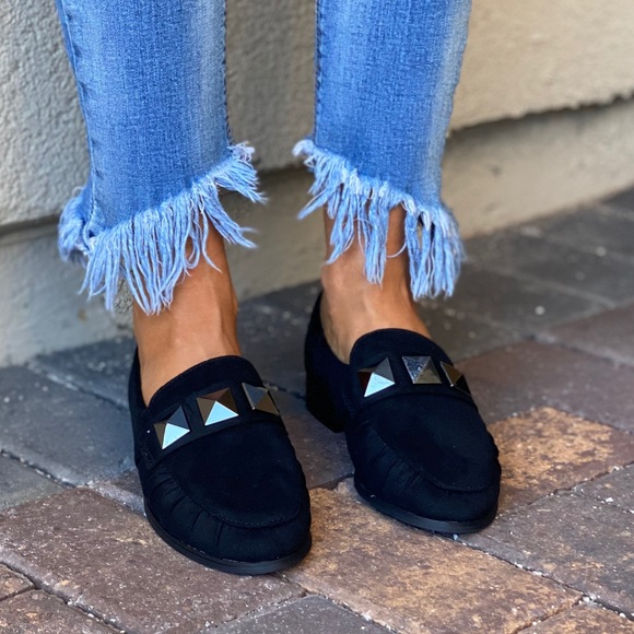 Black Studs Vamp Boyfriend Slip On Loafer Flats - Picture 7 of 8